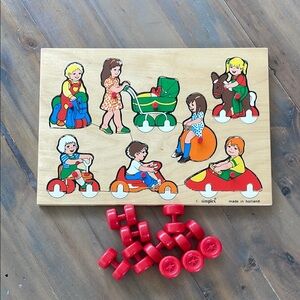 VINTAGE Wooden Puzzle with Red Wheels